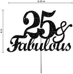 Fabulous & 25 Black Glitter Cake Topper, 25th Birthday Party Decorations Ideas, Premium Quality Decoration, Sturdy Doubled Sided Glitter, Acrylic Stick. Made in USA
