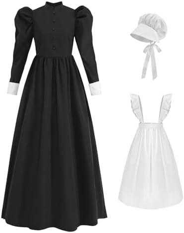 Nuoqi Womens Pioneer Dress Set Black Victorian Maid Costume 1800s Colonial Pilgrim Costume