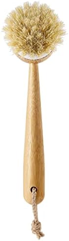 SUBEKYU Dish Brush with Handle, Natural Bamboo Dish Scrubber Brush, Kitchen Dishwashing Brush for Cleaning Dishes/Pans/Pots/Sinks, Sisal Bristles, 2P