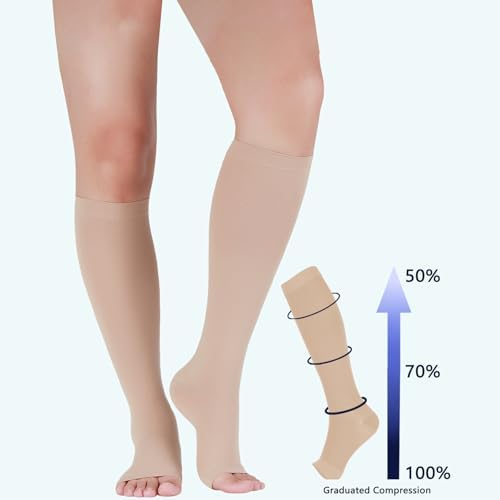 Lin Performance Compression Socks for Women and Men, 20-30 mmHg Open Toe Knee High stockings, Leg Support for Daily & Travel Comfort (L, Beige)