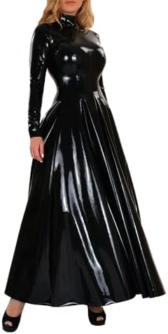 Plus Size Womens Wetlook PVC Maxi Dress Turtleneck Pleated High Waisted Long Gown Sissy Party Wear