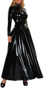 Plus Size Womens Wetlook PVC Maxi Dress Turtleneck Pleated High Waisted Long Gown Sissy Party Wear