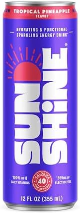 Sunshine Sparkling Energy Drink, Tropical Pineapple with Daily Essential Vitamins, 360mg of Electrolytes, 70mg of Natural Caffeine, 12 Fl Oz (Pack of 24)