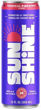 Sunshine Sparkling Energy Drink, Tropical Pineapple with Daily Essential Vitamins, 360mg of Electrolytes, 70mg of Natural Caffeine, 12 Fl Oz (Pack of 24)