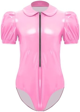 iiniim Mens Sissy Maid Cosplay Costume Patent Leather Wet Look Lace Trim Short Sleeve Bodysuit