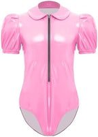 iiniim Mens Sissy Maid Cosplay Costume Patent Leather Wet Look Lace Trim Short Sleeve Bodysuit