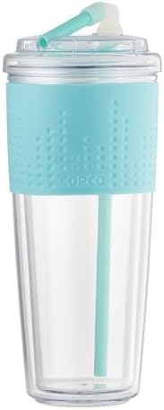 Copco Lock-n-Roll Double Wall Tritian Spill-Proof Tumbler with Soft Grip Sleeve and Patented Flip Up Straw, 20-Ounce, Teal