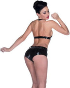 Women's Black Latex Bras,Handmade Rubber Latex Bikini Top with Buttons on Chest for Novelty Cosplay Club Wear