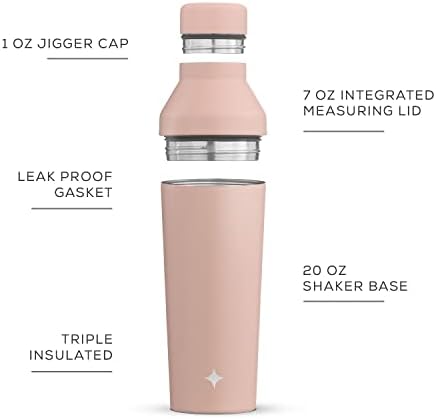 JoyJolt Triple Insulated Cocktail/Protein Shaker Bottle. 20oz Shaker Cup with Alcohol Measure Lid and Jigger Cap. 12hr Ice Cold Bottle for Protein Mixes, Shake or Smoothie, Metal Mixer
