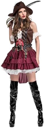Sexy 5Pcs Women's Pirate Costume Renaissance Outfit Corset Top Skirt Hat with Accessories for Halloween Cosplay Party