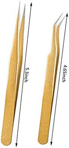 Tvoip 2 Pcs Gold Stainless Steel Tweezers for Eyelash Extensions, Straight and Curved Tip Tweezers Nippers, False Lash Application Tools