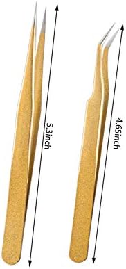 Tvoip 2 Pcs Gold Stainless Steel Tweezers for Eyelash Extensions, Straight and Curved Tip Tweezers Nippers, False Lash Application Tools