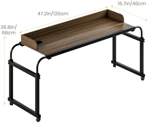 Overbed Table with Wheels, Queen Size Over Bed Desk with Adjustable Height & Length, Over The Bed Rolling Recliner Computer Desk, Mobile Laptop Cart for Bedroom, Living Room, Office, Hospital (47")