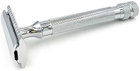 Parker 91R Heavyweight Long Handle Safety Razor – Classic 3-Piece Double Edge Razor for Smooth, Close Shaves – Brass Frame with Textured Chrome Finish – Compatible with All DE Razor Blades