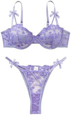 Lilosy Sexy Underwire Cute Push Up Strappy Embroidered Mesh Sheer Lingerie Set See Through Panty Bra
