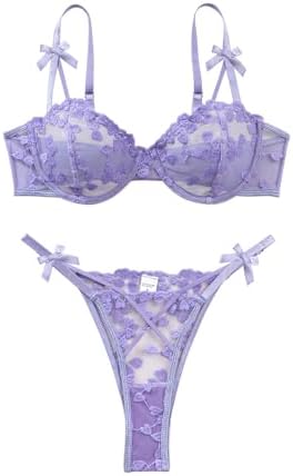 Lilosy Sexy Underwire Cute Push Up Strappy Embroidered Mesh Sheer Lingerie Set See Through Panty Bra