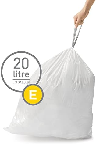 simplehuman Code E 20 Count, Genuine Custom Fit Liners, Drawstring Trash Bags in Dispenser Packs, 20 Count, 20 Liter / 5.3 Gallon, White
