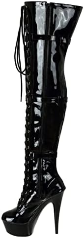SheSole Ladies Patent Leather Thigh High 15CM Stiletto Heel Dancer Boots with Zipper Lace Up Club Party Cosplay Shoes