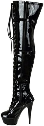 SheSole Ladies Patent Leather Thigh High 15CM Stiletto Heel Dancer Boots with Zipper Lace Up Club Party Cosplay Shoes