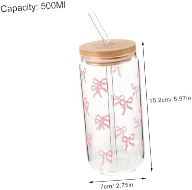 OUNONA 1 Set Glass Bow Cup With Lids Straws: Clear Tumbler - Aesthetic Coffee Mug - 16.91oz/500ml Reusable Jar Beer Can Decor For Smoothie Drinking Juice Women Coworkers