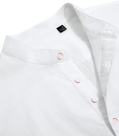 J.VER Men's Cotton Linen Long Sleeve Shirts Casual Button Down Banded Collar Shirt Beach Summer Tops with Pocket