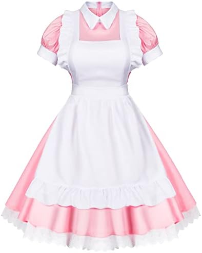 Wannsee Japanese Anime 6Pcs Lolita French Maid Apron Fancy Dress Cosplay Costume Gloves Headwear Socks set(Pink 3XL)