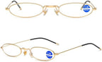 Easy Carry Mini Slim Reading Glasses Blue Light Blocking Oval Metal Portable Readers w/Pen Clip Tube Case