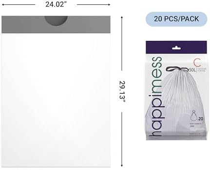 happimess 13.2 Gallon (50L) Drawstring Trash Bags, Unscented, White, Heavy Duty LDPE Liners for Kitchen and Household, Custom Fit 40 Count (2 Packs of 20 Liners) HPM3000C-W-2SET