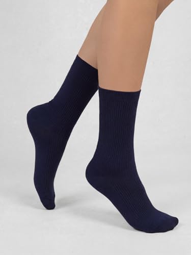 COTTON DAY Women's Combed Cotton Fine Ribbed Trouser Dress Socks Black White Navy Blue 3 Pack