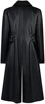 Men's 70s PU Leather Trench Coat Long German Style Punk Motorcycle Jacket Black Fuxs Leather Zipper Coat