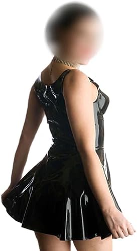 Natural latexBlack Sleeveless Latex Pleated Dresses Knee Length with Back Zipper