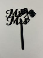 Mr & Mrs Wedding Cake Topper with Racing Flag Design, Black Acrylic Mr and Mrs Cake Topper,Wedding Cake Decorations