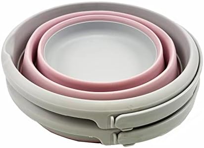 SAMMART Set of 2-5.5L (1.4 gallons) Collapsible Plastic Bucket - Foldable Round Tub with Hanle - Portable Fishing Bucket - Pop Up Saving Outdoor Waterpot. (Grey/Pale Pink (Set of 2))