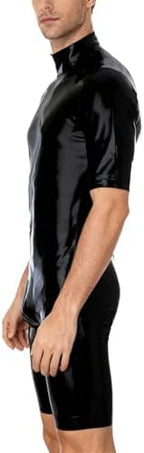 IOKUKI Latex Rubber Catsuit for Men Handmade,Latex Short Sleeved Bodysuit with Crotch and Back Zipper