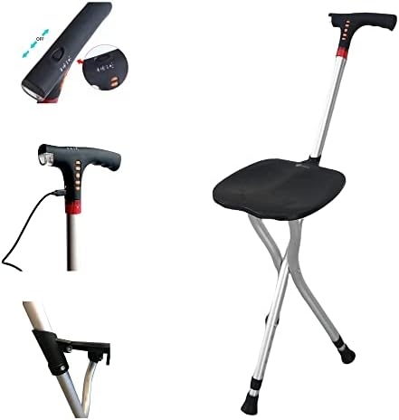 Dr@home Multifunctional Seated Cane-Adjustable Walking Cane with Folding Seat-LED Lights,Emergency Alarm-Senior Mobility Aid