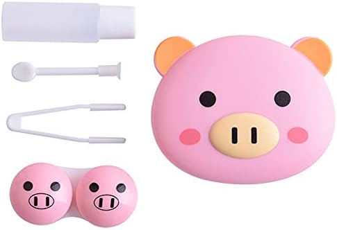 2 Pcs Pink Pig Contact Lens Case Travel Kit, Cute Portable Panda Bear Animal Contact Lens Box Holder Soak Storage Container with Mirror Bottle Tweezers Stick Remover Tool(Random 2 Style)