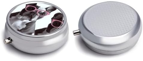 Portable Travel Pill Box French Bulldog Pink Glasses Printed Round Small Pill Case 3 Compartment Pill Container to Hold Vitamins Medication Fish Oil Supplements