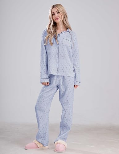 Womens Cotton Gauze Pajama Set Long Sleeve Button Up Shirt and Pants 2 Piece Cute Printed Pj Set