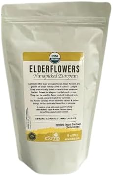 Elderflowers Organic Sambucus nigra European Elder flower Make Tasty Cordial Elderflower Syrup Wine or Elder flower Tea, Resealable Bag 10 oz