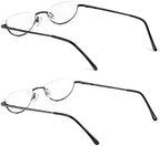 REAVEE 2 Pack Half Lens Reading Glasses for Men Women Spring Hinge Metal Half Frame Readers Slim Half Moon Eyeglasses with Pouch, Black and Gun Grey 1.75