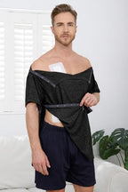 Men's Post Shoulder Surgery Shirts Tear Away Recovery Short Sleeve Full Open Side Snap Chemo Shirt Adaptive Clothing