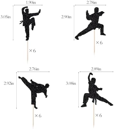 Sleyberoy 24 Piece Karate Cupcake Toppers, Taekwondo Themed Happy Birthday Party Cupcake Decorations, Shiny Black (Martial arts 24)