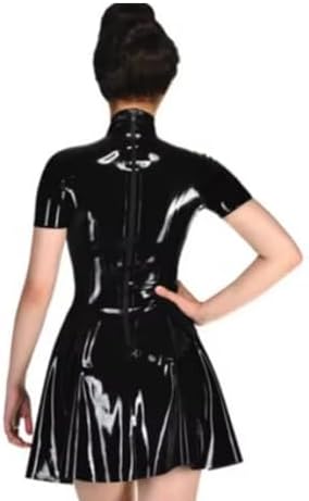 Woman PVC Leather Mini Dress Short Sleeve Faux Latex Leather Club Pleated Dresses