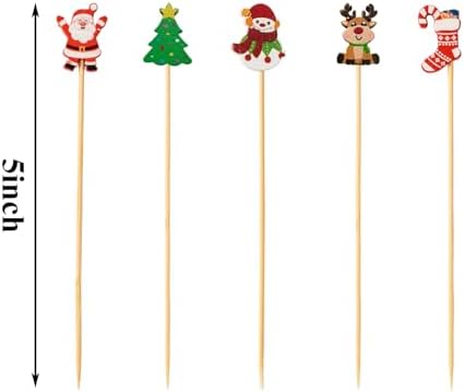 Jiesky 125pcs 5in Christmas Cocktail Picks Christmas Tree Snowman Santa Claus Reindeer Christmas Stocking Bamboo Cocktail Toothpicks Fruit Food Appetizer for Christmas Party Decorations