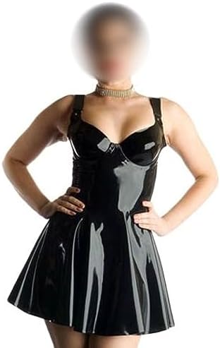 Natural latexBlack Sleeveless Latex Pleated Dresses Knee Length with Back Zipper