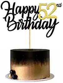 Happy 52nd Birthday Cake Toppers Glitter 52nd Anniversary Cake Topper 52 Years Loved Bday Decorations 52 Gold Birthday Cake Decorations Fifty-two Party Supplies for Women Men(Black Gold)