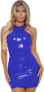 Adult Sexy Bodycon PVC Dress Latex Dress PU Patent Leather Shiny Party Dress Slim Mini Dress,Royal Blue,XL