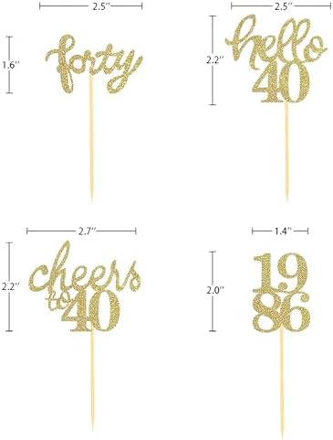24 Pcs Glitter 40th Birthday Cupcake Toppers for Forty Years Old Birthday Party Decorations (Gold)