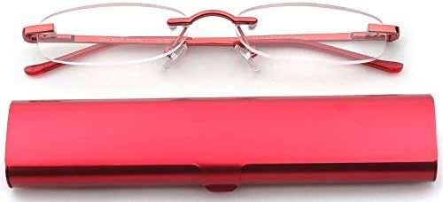 Newbee Fashion-Portable Compact Reading Glasses in Aluminum Case Metal Rectangle Rimless Reading Glasses Super Lightweight Reader Slim Design Comfort Fit Red 1.75