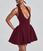 Kwunbwa Women's Sexy Sleeveless Deep V Neck Halter Backless Mini Dress Ruffle Flowy Party Club A line Short Dresses